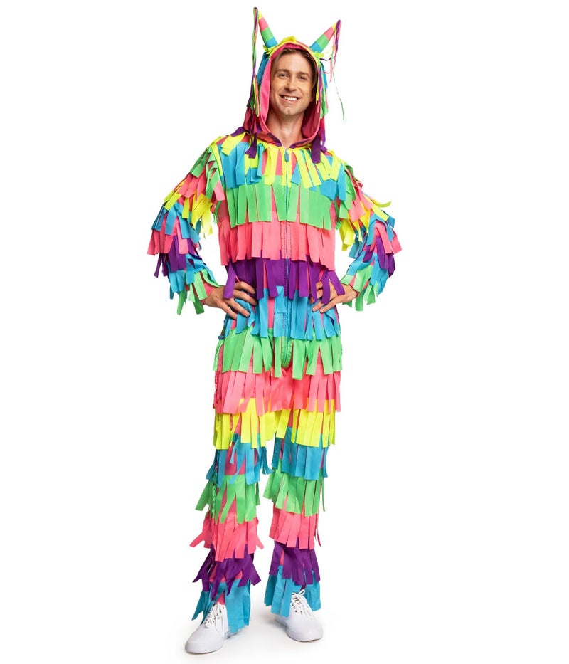 Tipsy Elves Halloween Costumes for Men - Bright Multicolored Pinata Jumpsuit Funny Halloween Costume Adult Onesie - Full Zip Mens Hooded Jumpsuit With Pockets Colorful Attached Streamers Size Medium - Image 1